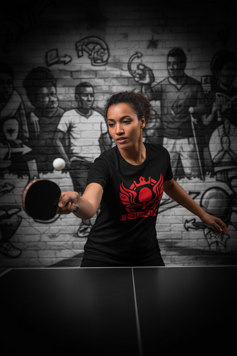 Action shot - QUEEN tričko u pingpongového stolu