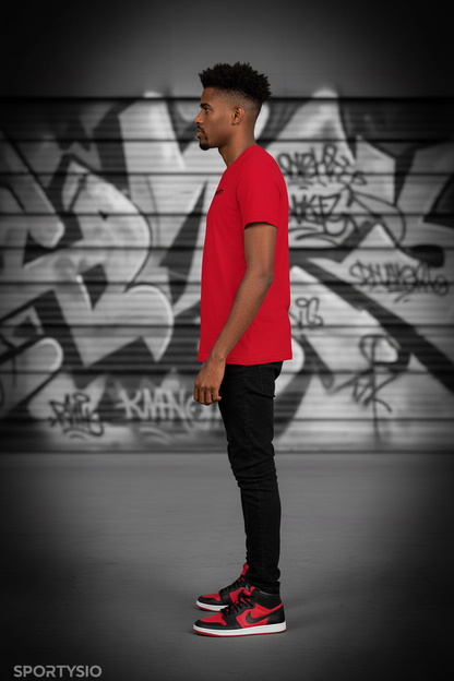 COMMUNITY black on red - Side profile view