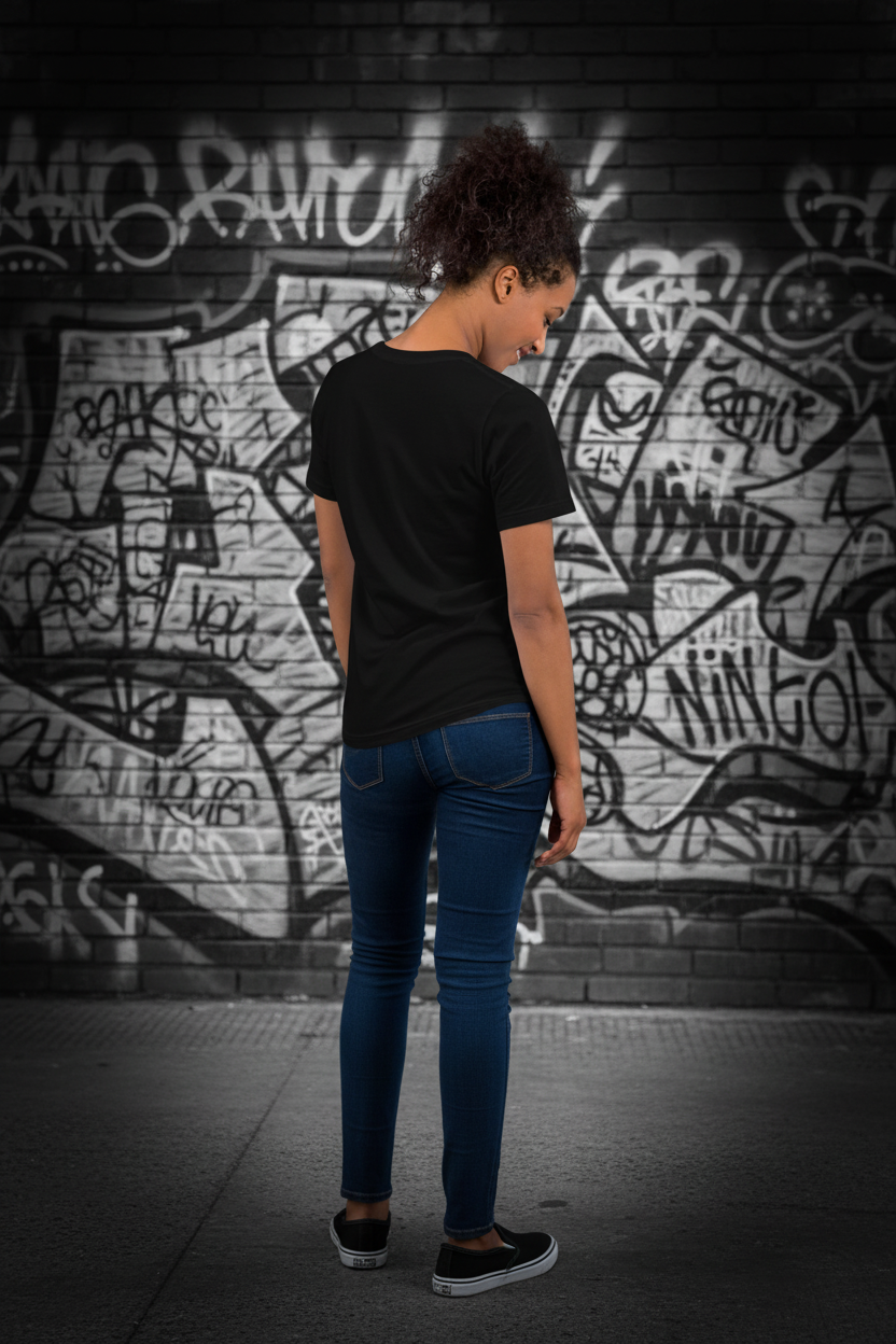 Pohled zezadu - čisté černé tričko